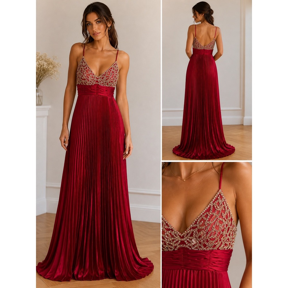 Sherri Hill Red Beaded Bodice Pleated Satin Prom Gown